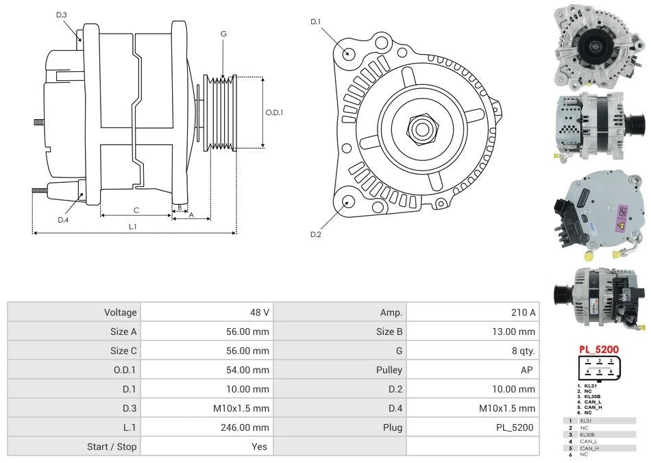 0127823052 48V/210A New Alternator/Starter
