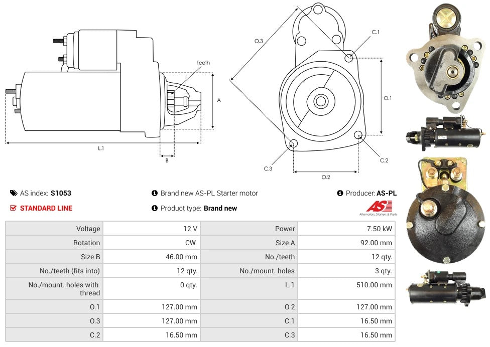 1114109 12V/7.5Kw 12t CW New Starter motor