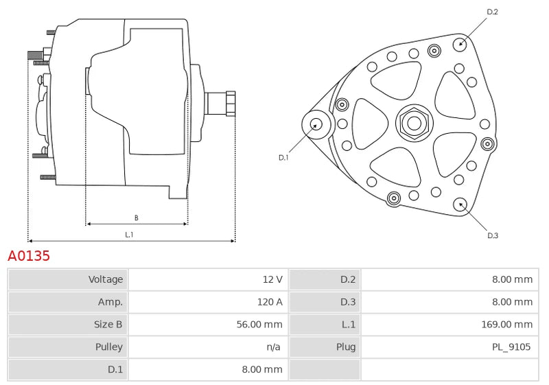 CA1335 12V/120A (D+ W) New Alternator