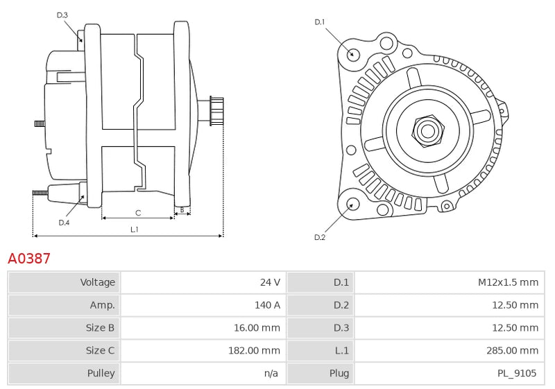 CA1624 24V/140A (D+ W) New Alternator