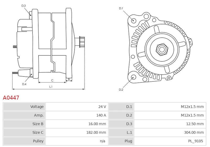 CA1659 12V/140A (D+ W) New Alternator