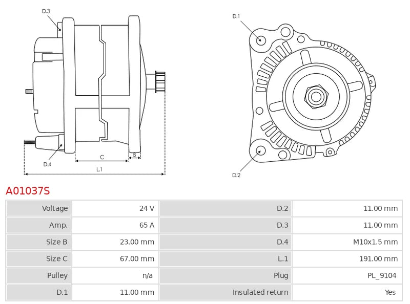 CA1744 24V/65A (D+) New Alternator