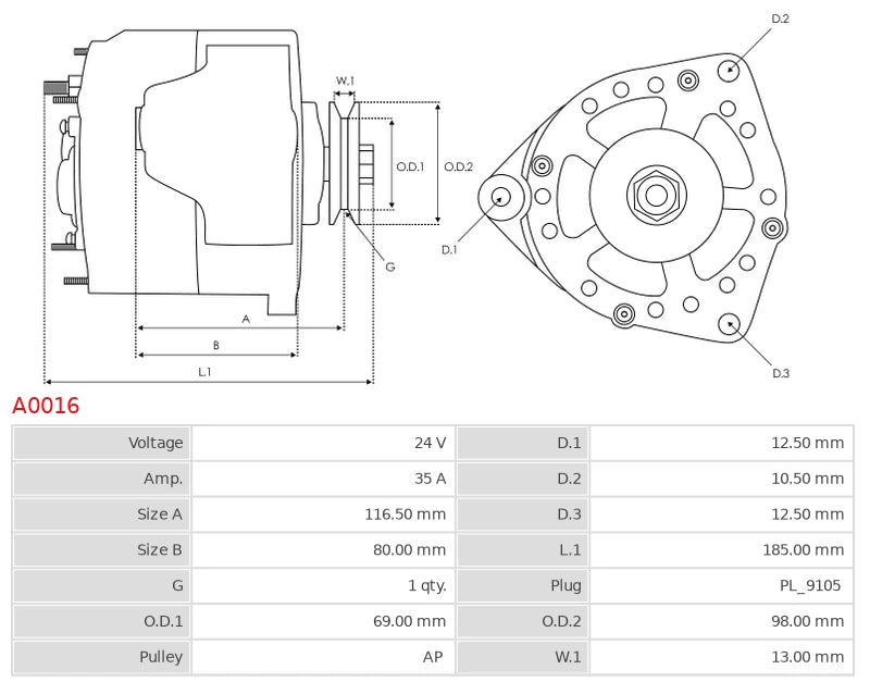 CA854 12V/80A (D+ W) New Alternator