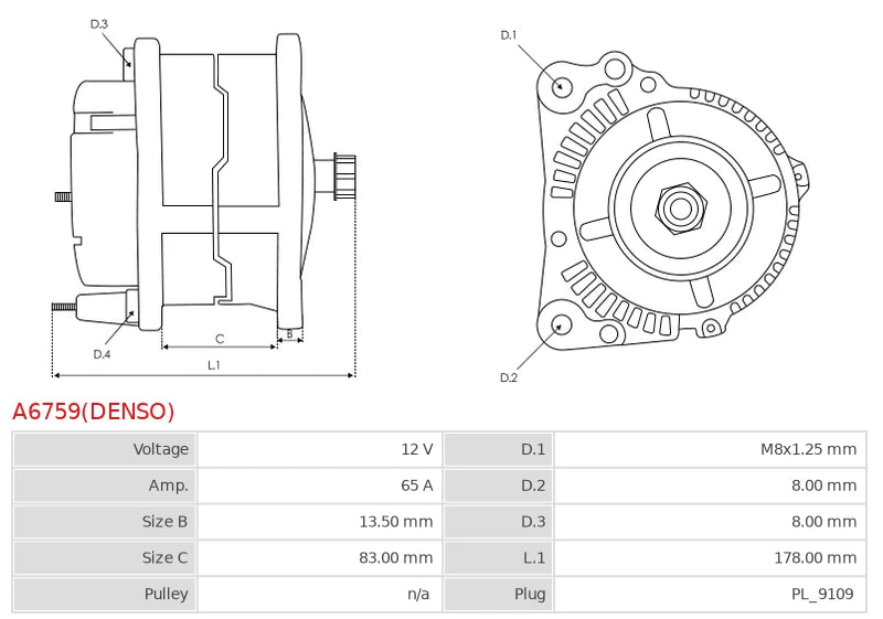 DAN653 12V/65A (B+ D+ W) New Alternator