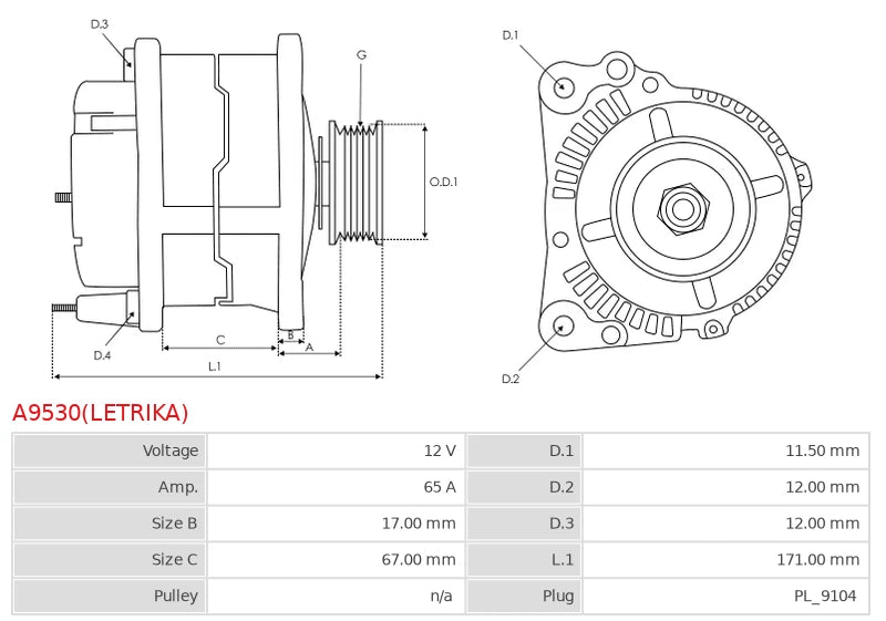IA0514 12V/65A (D+) New Alternator