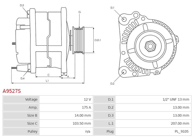 IA1332 12V/175A (D+ W) New Alternator