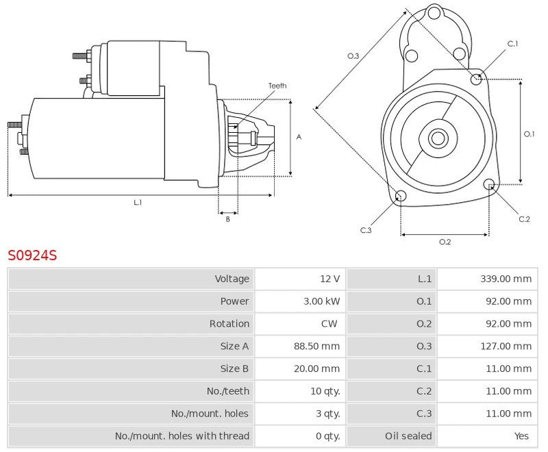 US815 12V/3.0Kw 10t CW New Starter motor