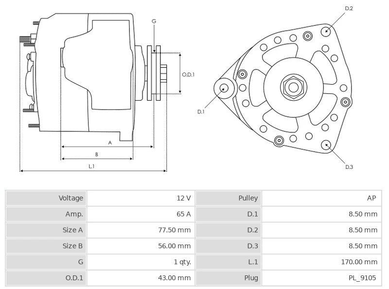 CA1242 12V/65A (D+ W) New Alternator