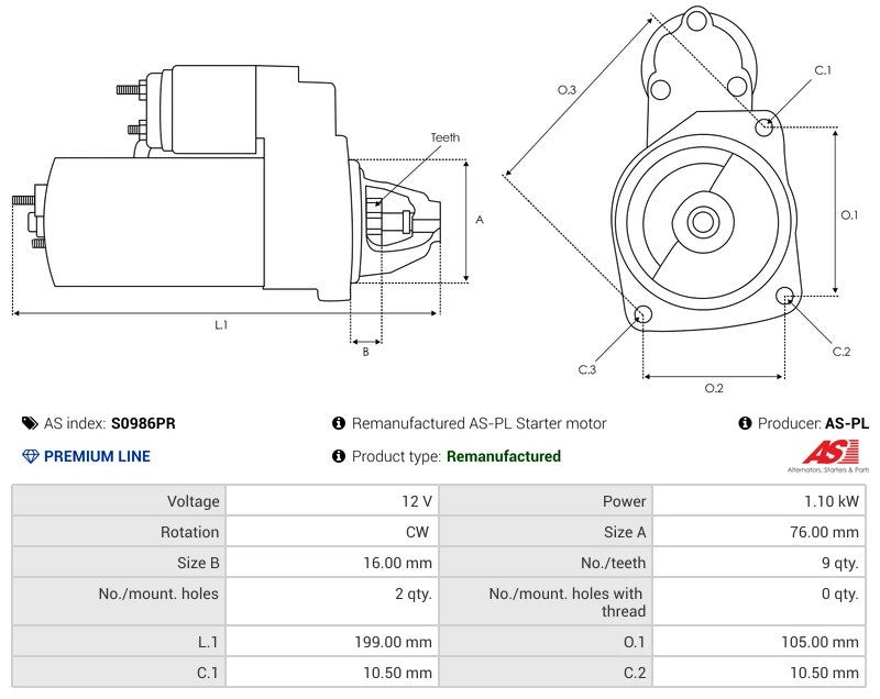 0001107083 12V/1.1Kw 9t CW New Starter motor