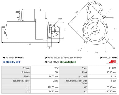 0001107083 12V/1.1Kw 9t CW New Starter motor