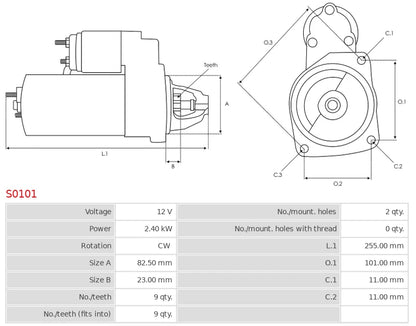 0001223016 12V/2.4Kw 9t CW New Starter motor