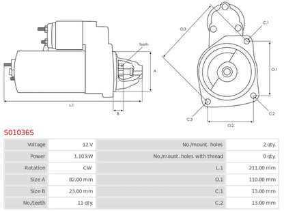 0399707079 12V/1.1Kw 11t CW New Starter motor