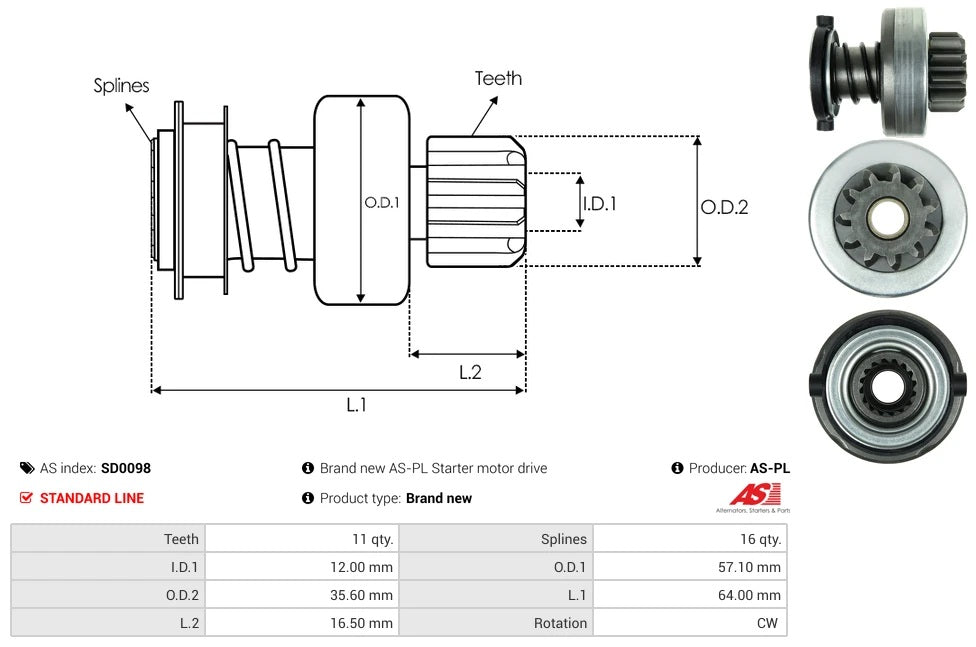 231898 New AS-PL Starter motor drive