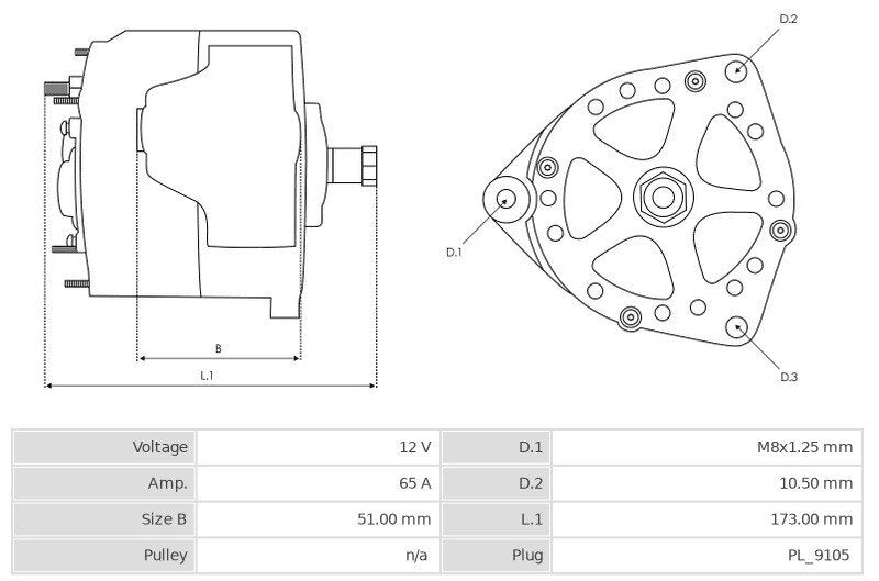 CA1197 12V/65A (D+ W) New Alternator
