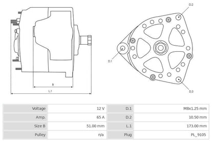 CA1197 12V/65A (D+ W) New Alternator
