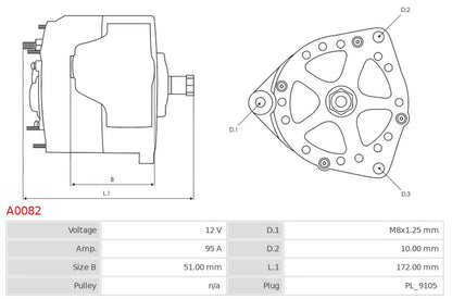 CA1198 12V/95A (D+ W) New Alternator
