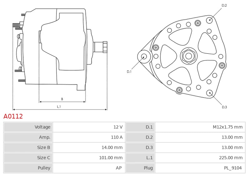 CA1381 12V/110A (D+) New Alternator