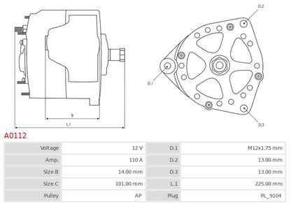 CA1381 12V/110A (D+) New Alternator