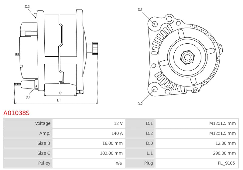 CA1659 12V/140A (D+ W) New Alternator