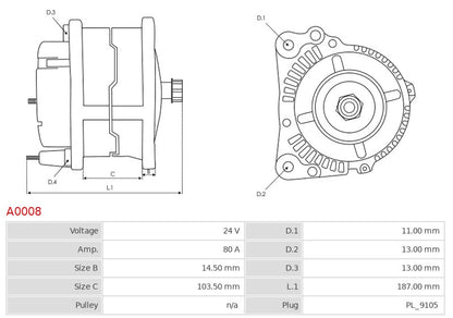 CA907 24V/80A (D+ W) New Alternator