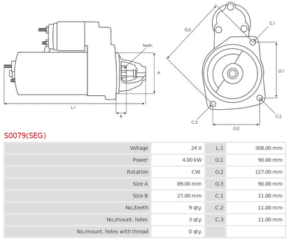 CS1514 24V/4.0Kw 9t CW New Starter motor
