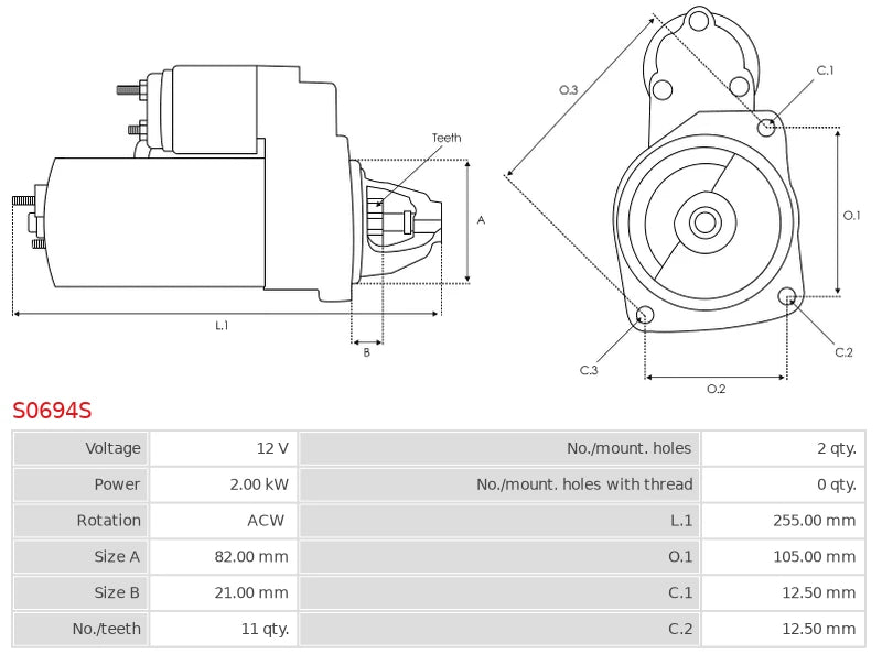 CS957 12V/2.0Kw 11t CW New Starter motor