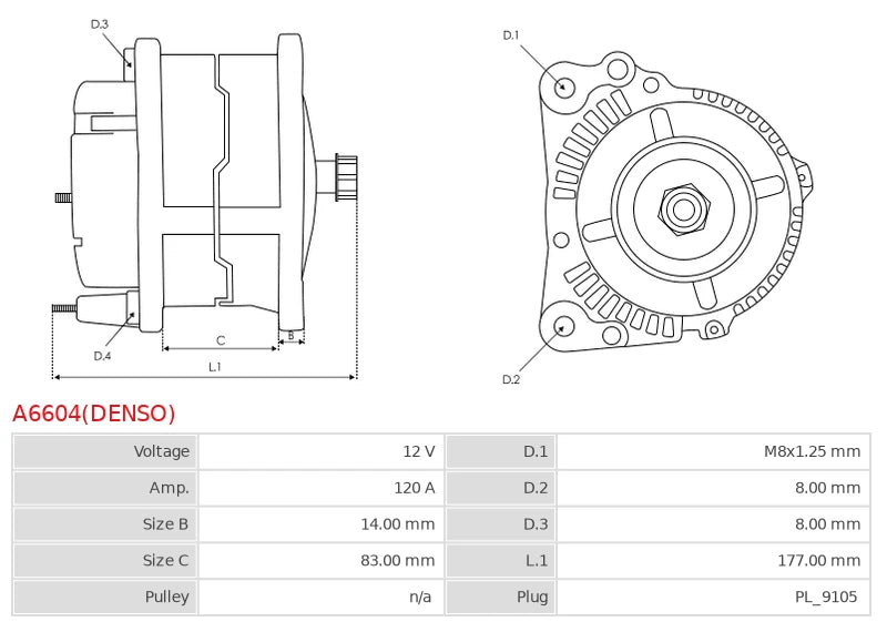 DAN1092 12V/120A (D+ W) New Alternator