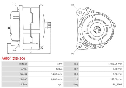 DAN1092 12V/120A (D+ W) New Alternator