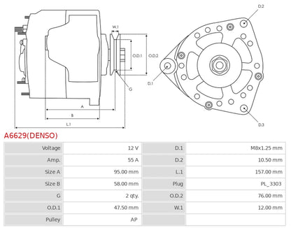 DAN2030 12V/55A (W IG L) New Alternator