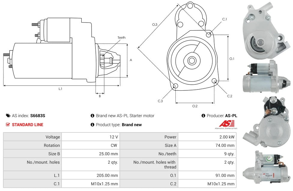 DSN1233 12V/2.0Kw 9t CW New Starter motor
