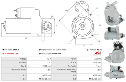 DSN1233 12V/2.0Kw 9t CW New Starter motor