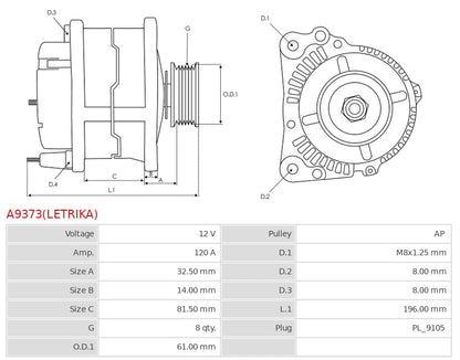 IA1224 12V/120A (D+) New Alternator