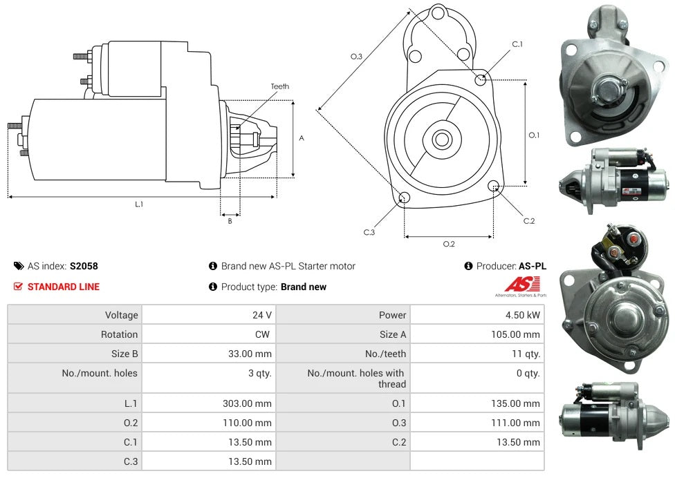 JS1087 24V/4.5Kw 11t CW New Starter motor