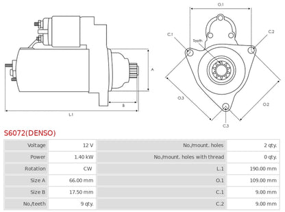 JS908 12V/1.4Kw 9t CW New Starter motor