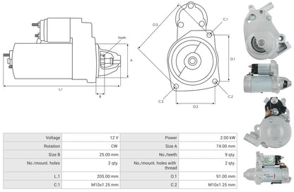 DSN1233 12V/2.0Kw 9t CW New Starter motor
