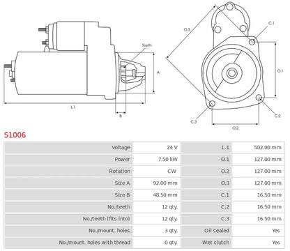 US863 24V/7.5Kw 12t CW New Starter motor