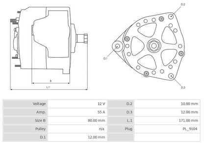 CA186 12V/55A (D+) New Alternator